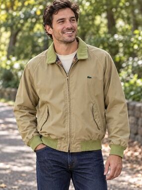 Lacoste Men’s XL Neutral Full Zip Front Lined Bomber Jacket Pockets Vintage